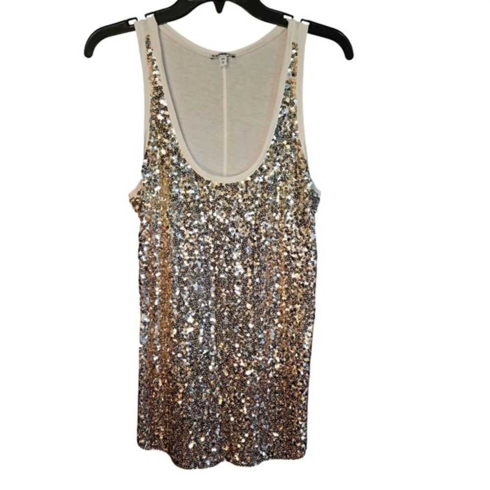 Express Womens Sequin Tank Top Gold Cream Scoop Neck Sleeveless Size L